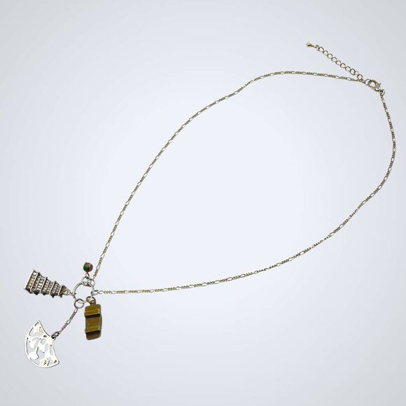 VTG Charm Necklace Asian Theme Mixed Metal Pagoda Geta Sandal Fan Cloisonne Bead - Picture 7 of 9